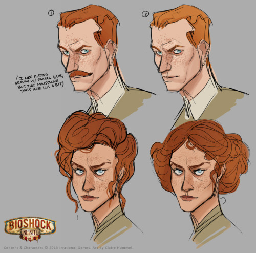 saveroomminibar:  Bioshock Infinite. The Lutece Twins.by Claire Hummel. shoomlah:  More of my vis dev work for Bioshock: Infinite! (You can see my concepts for young Liz over yonder in this post) Sooo I also got to work on designing Robert and Rosalind,