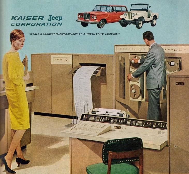 2othcentury:  NCR 315 computer/Kaiser Jeep ad, 1963