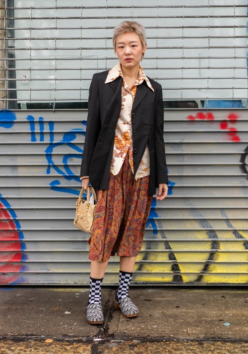 nyc-looks:Shihui, 29“I’m wearing a JW Anderson suit and vintage shirt and skirt, Dior clogs, Vans ch