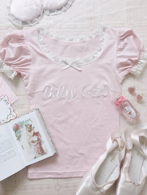 coquettefashion:Pink Babygirl Cotton Lace Trim Top