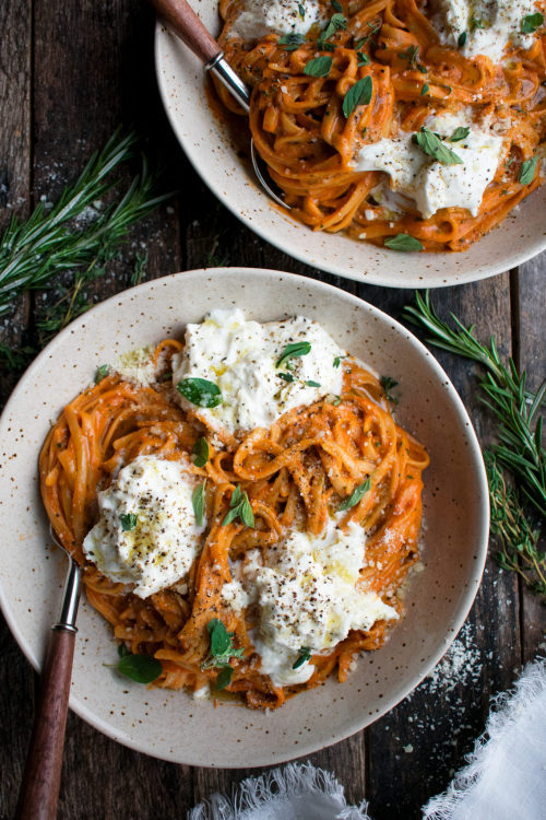 Creamy Red Pepper Pasta with Burrata & Herbs