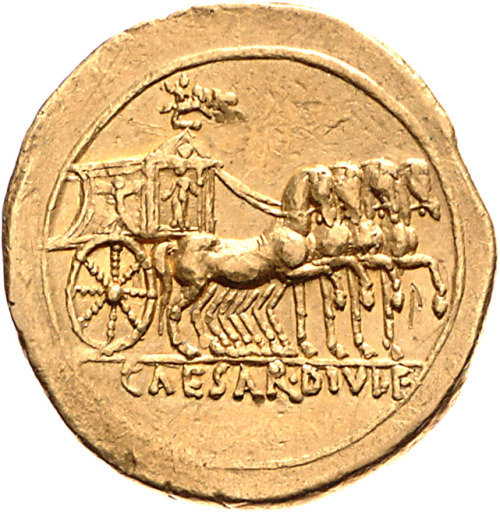 romegreeceart:Roman triumphal quadriga* CAESAR DIVI F* 32-27 BCE* minted (probably) in Brindisi* dis