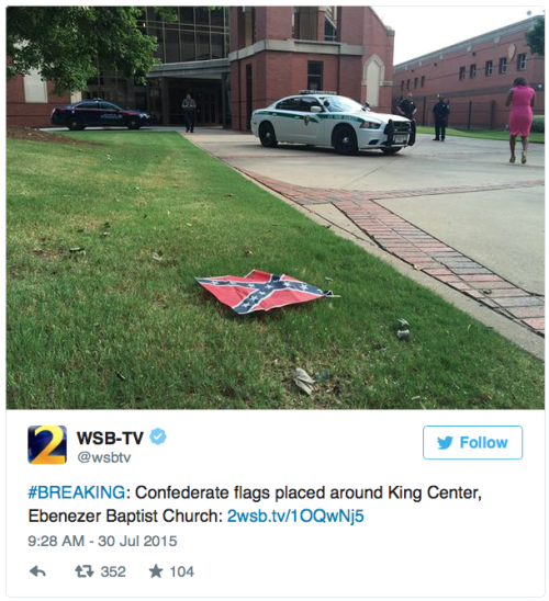 stonerscully:  hysteriffic:  micdotcom:  4 Confederate flags were found at an MLK historical site in Georgia Employees of Atlanta’s historically black Ebenezer Baptist Church arrived to a grim surprise Thursday morning: four Confederate battle flags