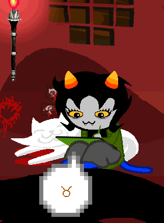   Do you guys see this panel? There may not be anything too striking about it at first glance but look again. Nepeta and her lusus are literally chilling on blood. Blood from a beast Nepeta recently killed which by the way is that black thing you see