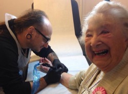 skindeeptales:  On her 90th birthday grandma Heather Brooks got her first tattoo. She chose a Cancer Research pink ribbon to signify her victory after a five year battle with cancer. via Things &amp; Ink 