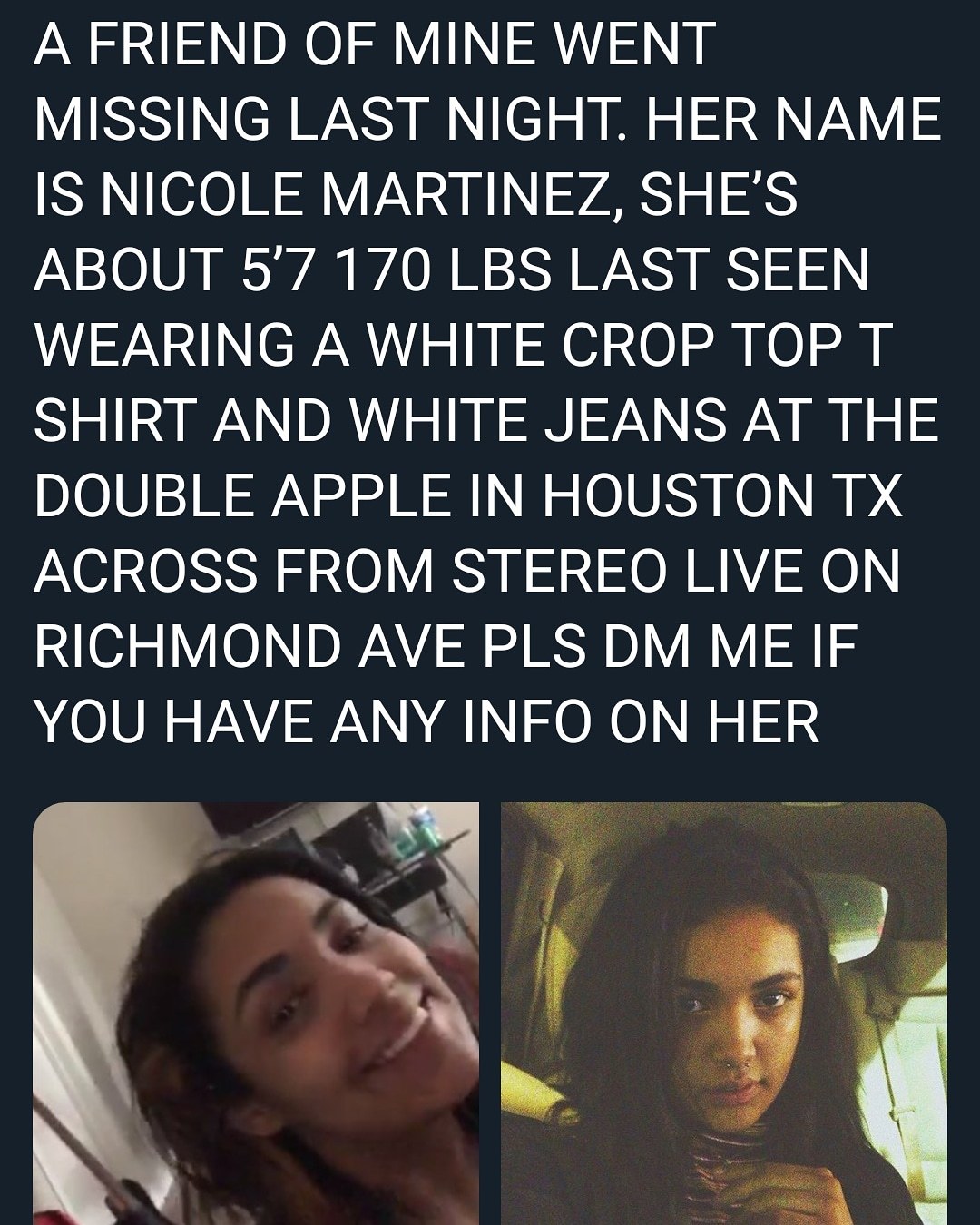 moneywontbuymeyou:  GUYS PLZ SHARE AN LOOK OUT SHE WAS LAST SEEN IN A BLACK TOP NOT
