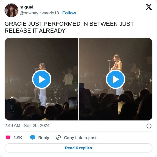 GRACIE JUST PERFORMED IN BETWEEN JUST RELEASE IT ALREADY pic.twitter.com/cG5LcBbV93

— miguel (@cowboyinwoods13) September 20, 2024