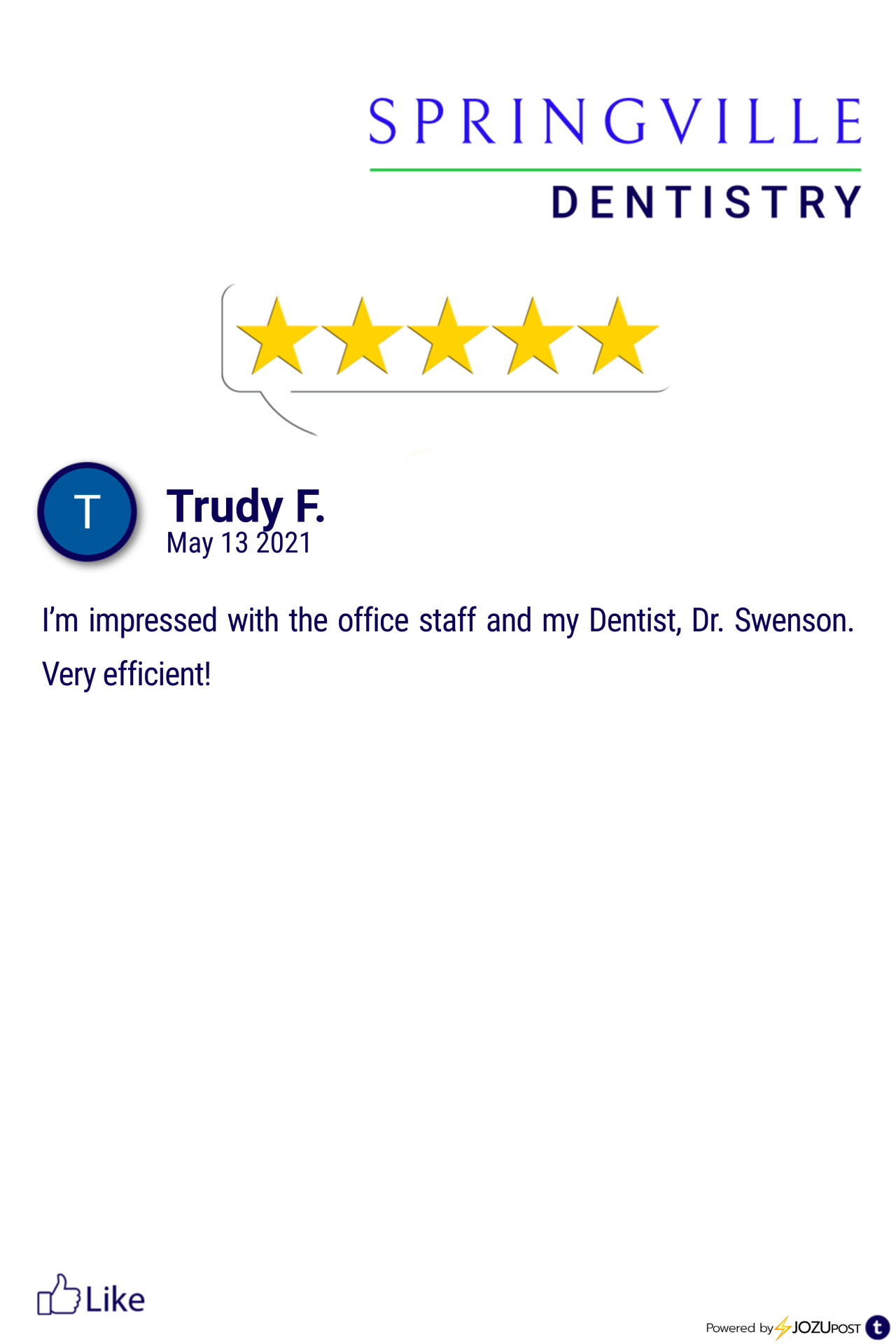 We appreciate our patients!
Here is our latest Five-Star Review from Trudy F. We love to recognize those patients that take the time to fill out a review and let us know how we are doing.
Here is what Trudy F. had to say: “I’m impressed with the...