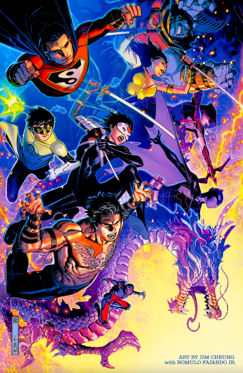 New Super-Man, OMAC, Cheshire, Grunge, Katana, Lantern Pham, Red Arrow, Batgirl &amp; Atom art by Ji