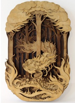 archiemcphee:  London-based freelance illustrator and graphic artist Martin Tomsky creates awesomely detailed laser-cut plywood illustrations. Each beautiful piece is comprised of many layers, assembled one at a time, to form lyrical scenes, some of which