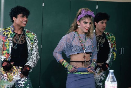  Madonna and her dancers backstage during the Virgin Tour at the USF Sun Dome in Tampa on May 9, 198