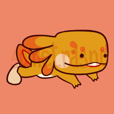 Groovy, a yellow/orange larval salamander cartoon character (which look basically like an axolotl) swimming on air. The have darker dots on top of their eyes and a white tummy and cheeks. The tip of their gills are also darker. They're wearing oversized white slippers.