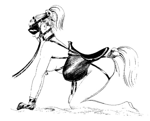 Hand drawn all-fours saddled ponygirl.