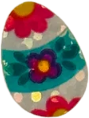 sticker of a white easter egg with a blue stripe in the middle. it is accented with painted purple and pink flowers. it has a shiny foil finish.