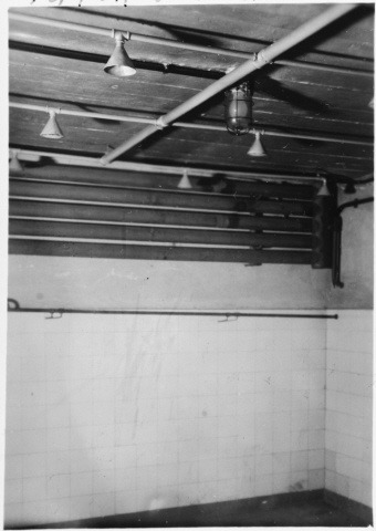 Inside one of the Gas Chambers at Mauthausen. The original text reads: &ldquo;This