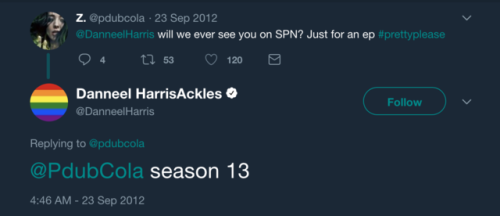 SO IN 2012, DANNEEL ACKLES PROBABLY SAID THAT SHE’D APPEAR ON SUPERNATURAL SEASON 13 AS A JOKE OR MA