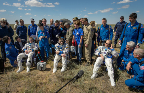 Soyuz TMA-19M crew shortly after landing - Tim Peake, Yuri Malenchenko, Tim Kopra