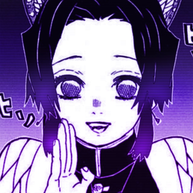 an icon of shinobu from demon slayer manga. it has a purple color overlay. she leans towards thr viewer as if telling us a secret. she holds her hand near her mouth and smiles.