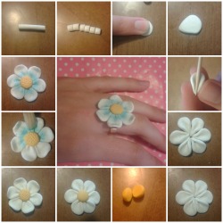 giorgita:  diy: fimo flower (daisy)  you need: yellow sunflower fimo, white fimo, a thootpick, a cutter, blue pigments, a brush 1. give to the white fimo a cylinder form 2. cut it into six part  3. press gently each one of the six part  4. give them a