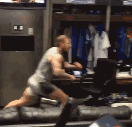 hairyathletes: notdbd:  Brett Lawrie in the clubhouse, slam dunking and dancing with