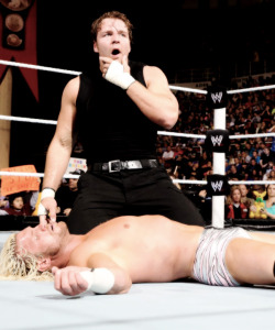 Ziggler bulging after a hard fought match