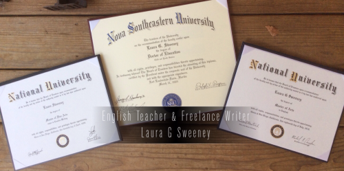 <p>These are three of my graduate degrees. I have another degree in Italian. I seek opportunities as a freelance writer and English teacher by means of the Internet. Skype: Laura.gael.sweeney<br/>
I also have a Skype telephone number to work internationally.</p>