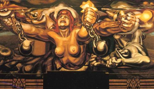 artist-siqueiros: View of a mural depicting Democracy breaking her chains, 1934, David Alfaro Siquei