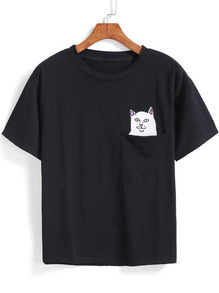 lustour:  Shein Sale!    Cat Animal Patch With Pocket T-shirt $8.99 Grey I Woke