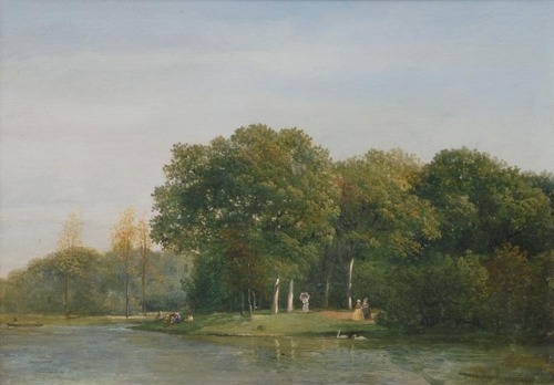 Julius Jacobus van de Sande Bakhuyzen (1835–1925)Wooded Waterside with elegant Party