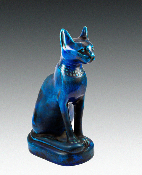 sadighgallery:Faience CatAncient Egypt - 26th DynastyVivid blue faience cat seated on a base and wea