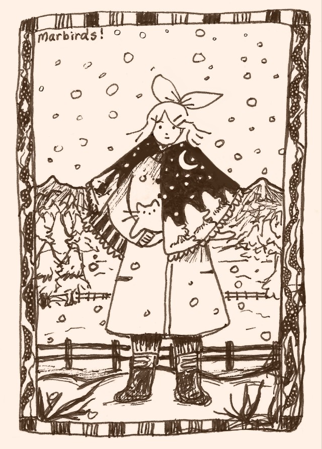 a pen drawing of kagamine rin in a cloak with a design of snow falling on treetops and a crescent moon, she's holding a cat in her arms. She's also wearing a big long coat and boots. Around her it's snowing, with an expanse with trees and snow behind her. Her face is simply drawn and shes looking forward. There is an abstract pattern around the whole drawing, the whole thing has a scribbly slightly sketch like feel to it. 