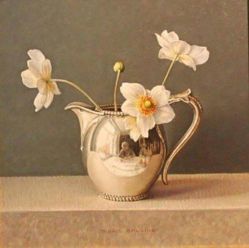 Autumn Anemones   -   Ingrid SmulingDutch, b.1944-Oil on canvas, 20 x 20 cm.