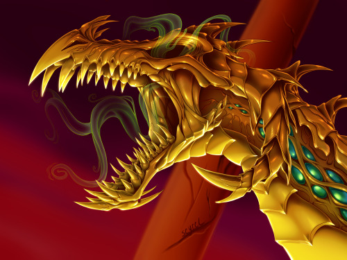 scyrel:  Have a shiny golden dragon head because I like drawing ornate things!Is it dead? Alive? Possessed? Who knows!