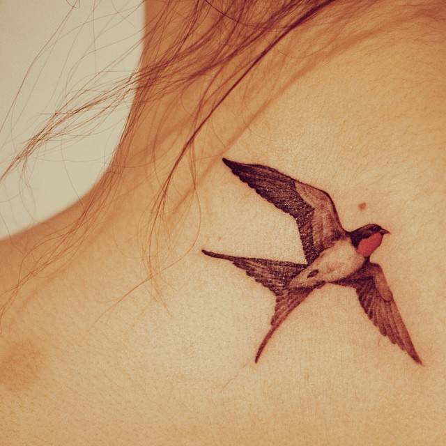 Tatuaje de una golondrina situado en la nuca. Artista tatuador: Doy