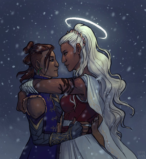 [ID: a digital drawing of beau and reani from critical role. they’re standing with their arms around