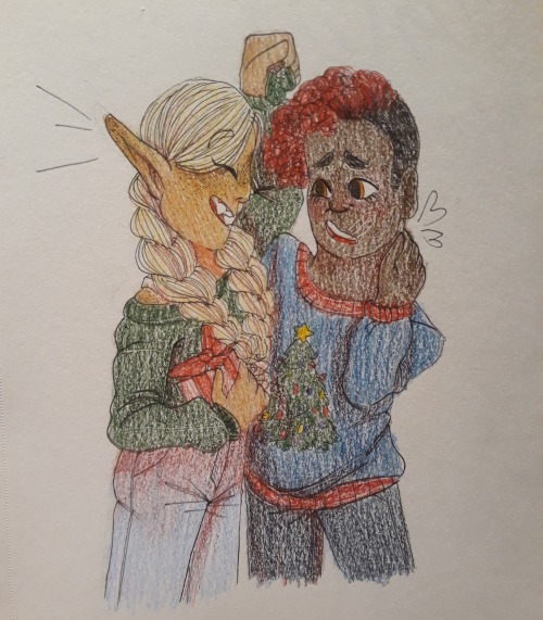  [ID: A traditional drawing done in colored pencil and pen. It shows aubrey and dani dressed up for 