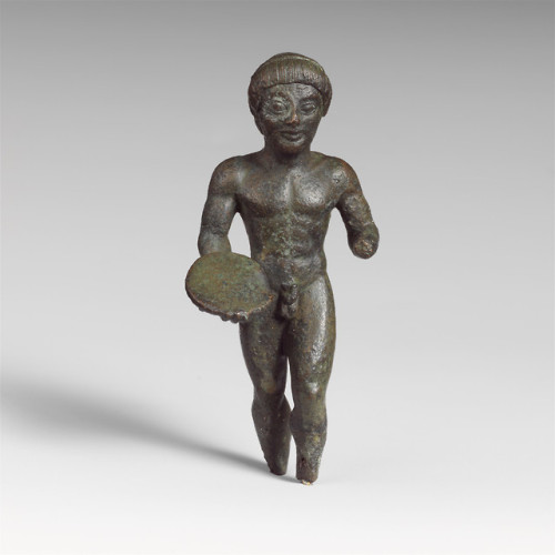 Etruscan bronze statuette of a discus-thrower.  Artist unknown; 5th cent. BCE.  Now in the Metropoli