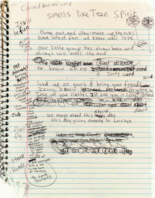 bitter-cherryy:Kurt Cobain’s draft of “Smells Like Teen Spirit”