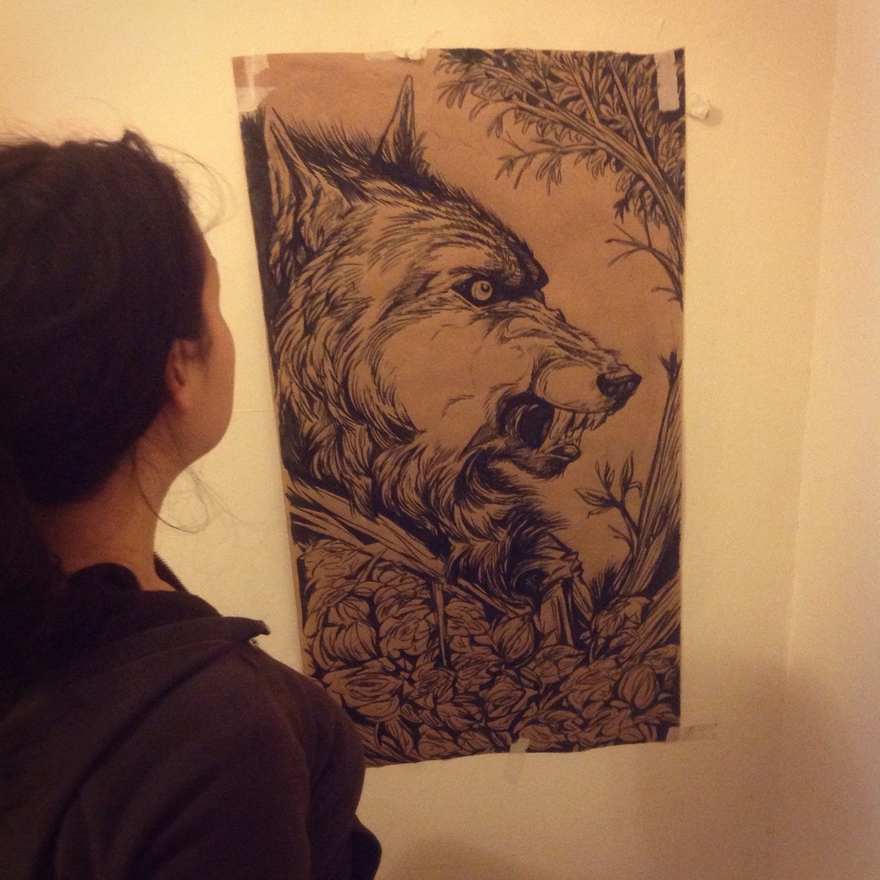 wolfskulljack:  My first large scale pice using brown paper and a marker. The size