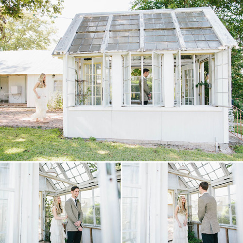 Adorable first look! I would have the whole wedding in this gorgeous old greenhouse. Photographed by