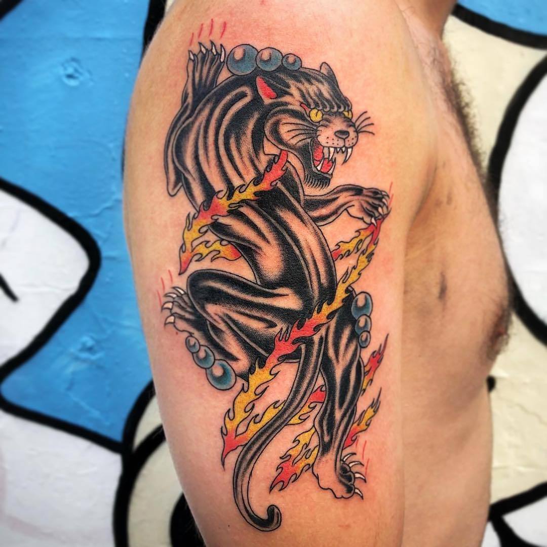 Cool Realistic Black Panther Sleeve Tattoo Idea