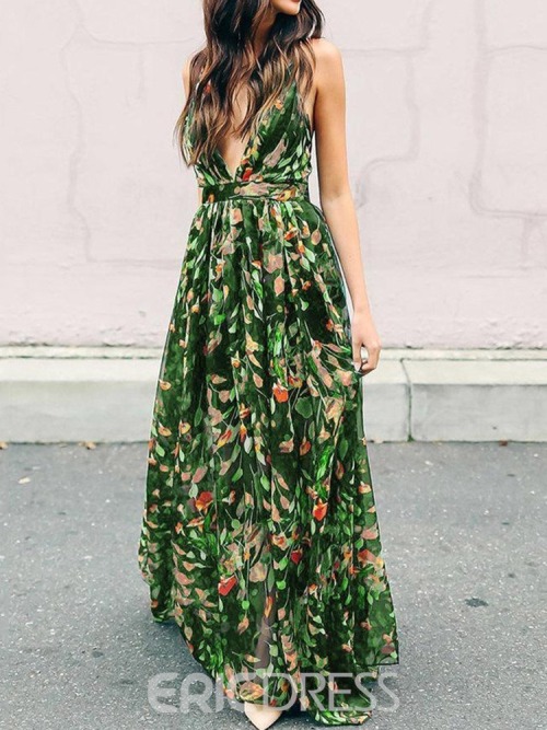 Ericdress sleeveless print floor-length spaghetti strap expansion dress