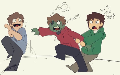 Some doodles of Edd having to deal with his friend being a zombie. 