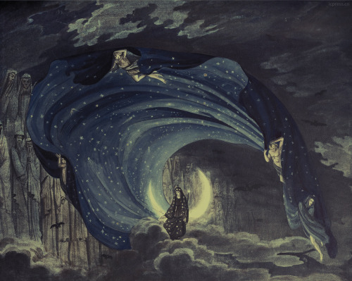  Iconic historical stage designs for The Queen of the Night sequence from Mozart’s “Magic Flute” - the first image by Karl Friedrich Schinkel in 1815, the second by Simon Quaglio in 1818 (x) 