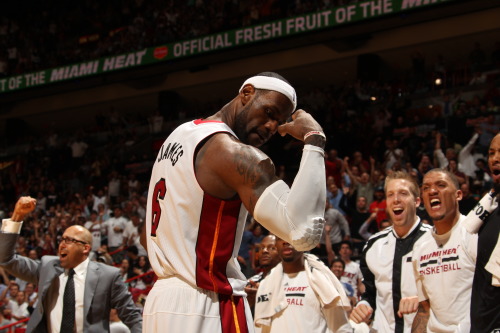 nba:LeBron James of the Miami Heat flexes during the game against the Indiana Pacers at the American