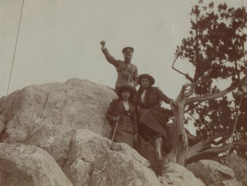 Tsar Nicholas II on top of boulders with his daughters Grand Duchesses Anastasia and Marie Nikolaevn