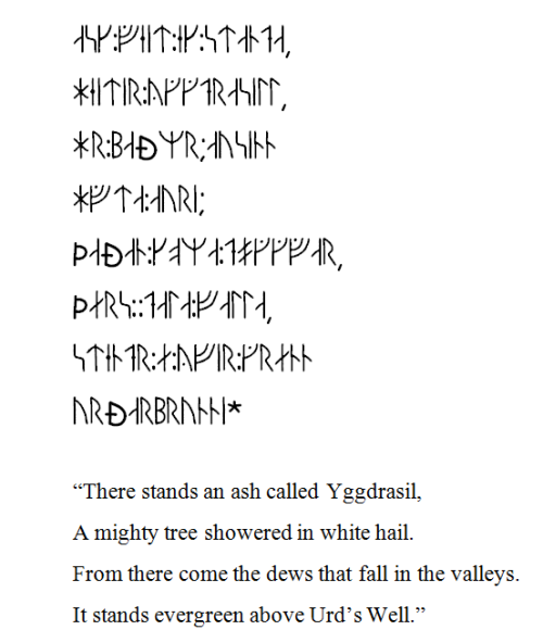 learn-old-norse: Ask:veit:ek:standa,Heitir:Yggdrasill,Hár:baðmr;ausinnHvíta:auri;&