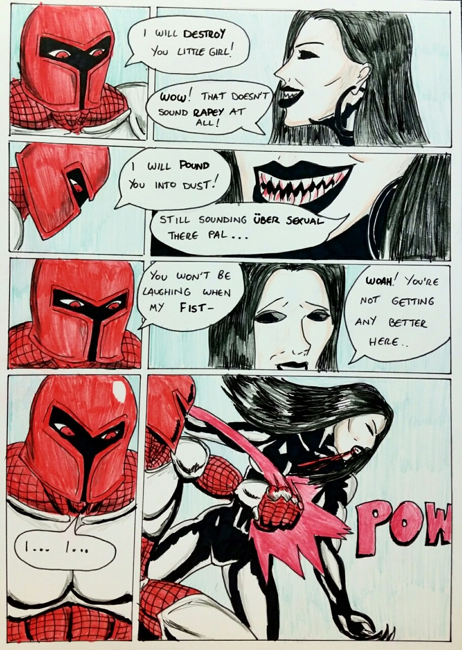 Kate Five vs Symbiote comic Page 119  As yet unknown big red guy bringing the trash
