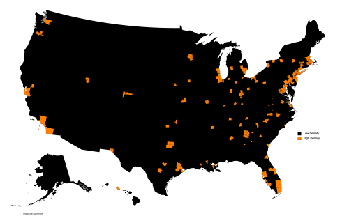 mapsontheweb:  As of 2020, half of the US lives in the black counties, half live in the orange.