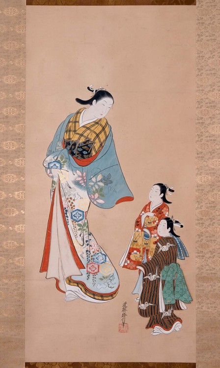 Courtesan with Child Attendants, by Kondo Katsunobu, Edo period Japan, Kyoho era, 1716-36